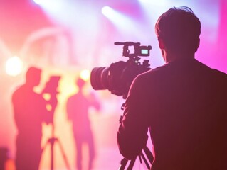 Leinwandbilder - Immersive Media Production Cinematic Behind-the-Scenes Creative Workflow in Neon-Lit Studio - Emerging Storytelling Technology and Professional Filmmaking Insights