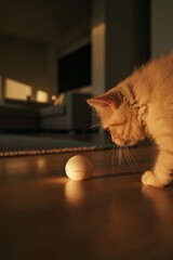 Aufkleber - Smart Pet Interaction Minimalist AI-Enhanced Interactive Robotic Toy Engaging Curious Feline in Soft Ambient Lighting - Next-Gen Pet Technology Experience