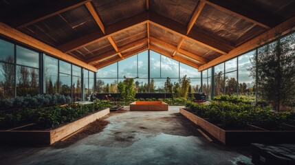 Aufkleber - Biophilic Architecture Sanctuary Sustainable Timber and Glass Greenhouse - Immersive Wellness Design Bridging Indoor-Outdoor Living Experiences for Mindful Urban Regeneration