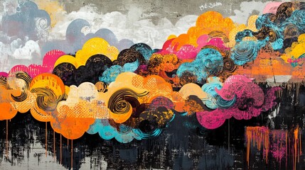 Wall Mural - abstract painting features colorful swirling clouds with drips against a muted background.