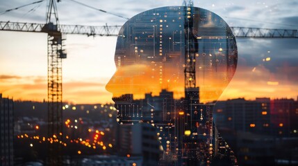 Artificial Intelligence Transforming Construction: A Sunset Silhouette