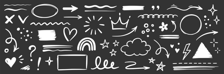 Fototapete - Line hand drawn brush marker underline, highlight, star element chalkboard set. Hand drawn sketch marker underline shape, arrow, star scribble brush pen stroke highlight element. Vector illustration