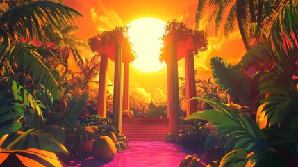Wall Mural - tropical garden with stone structure and pathway at sunset with bright sky.
