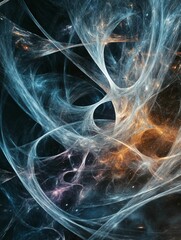 Wall Mural - abstract fractal art with swirling blue white and orange colors on dark background.
