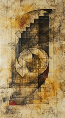 Wall Mural - abstract art featuring a dark spiral shape on a textured beige background.