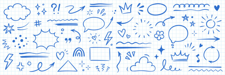 Aufkleber - Line hand drawn brush marker arrow, heart, crown element set. Hand drawn sketch marker underline shape, arrow, star scribble brush pen stroke element. Crown, love graphic icon. Vector illustration