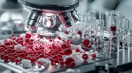 Poster - Blood sample examination under microscope in a science lab detailed close-up view of microscopy process
