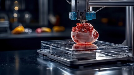 Poster - Futuristic bio-printing technology transforms food production in a high-definition lab environment