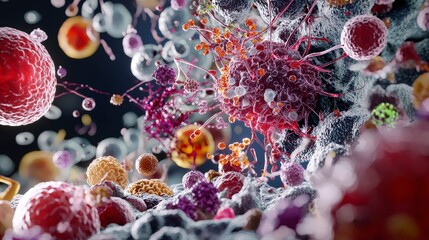 Leinwandbilder - Microscopic exploration of human cells amidst intricate structures in a lab environment scientific visualization