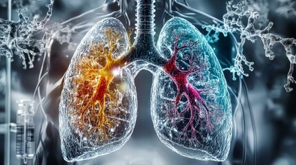 Poster - Human respiratory system visualization digital art in a medical research lab environment