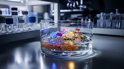 Fototapete - Cultured cells in a petri dish laboratory setting scientific image macro environment focus on microbiology