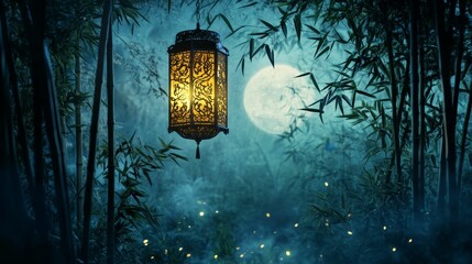 Wall Mural - glowing lantern hangs in a bamboo forest with a full moon in background.