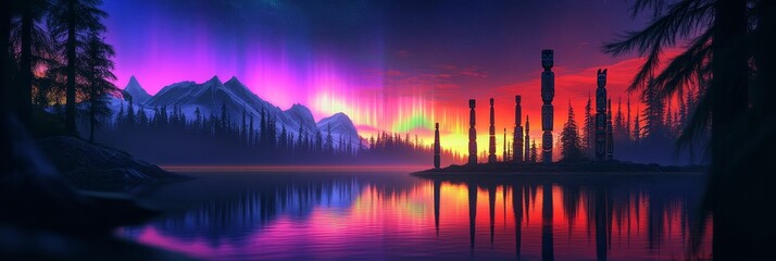 Wall Mural - forest landscape with lake reflection and colorful sky at dusk or dawn.