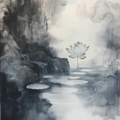 Wall Mural - watercolor painting of a serene landscape with water trees and misty atmosphere.