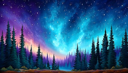 Wall Mural - Vibrant nebula illuminates a dark evergreen forest at night