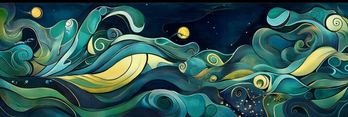 Wall Mural - abstract painting featuring swirling shapes in shades of blue green and yellow.