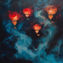 Wall Mural - four glowing lanterns float against a dark blue swirling abstract background.