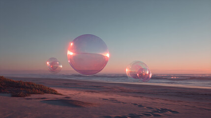 Wall Mural - a dreamlike landscape featuring massive translucent bubbles hovering over a coastal scene during gol