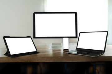 Wall Mural - blank screen on table. workspace background new project on laptop computer with blank copy space scr
