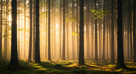  Misty Forest with Sunlight Rays