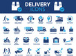 © Designstor09 - Delivery service Line art icon set. It contains order tracking, home delivery, warehouse, truck, scooter, courier, and cargo icons. Shipping symbol. Solid icons vector collection. Vector icons
