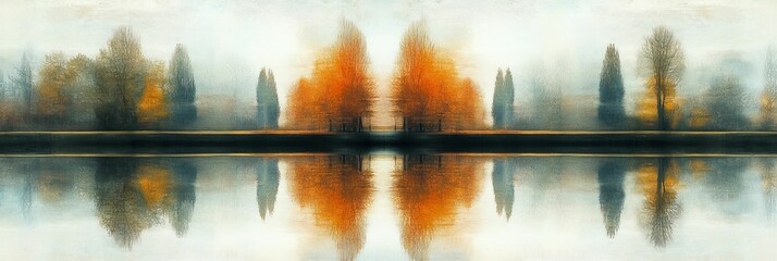 Wall Mural - trees reflected in water create a symmetrical abstract autumn landscape scene.