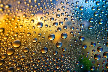 Wall Mural - sunset reflected in glass with water droplets and colorful mirror texture