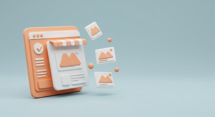 online photo gallery platform: 3d render of modern website interface displaying images for e-commerc