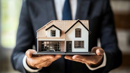 Wall Mural - real estate agent holding a house model