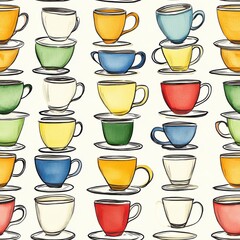 Leinwandbilder - Colorful Coffee Cup Collection: Whimsical Watercolor Pattern with Hand-Drawn Style for Backgrounds and Creative Projects
