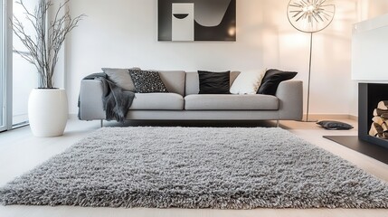 Aufkleber - Stylish Living Room Interior with Gray Sofa, Plush Rug, and Modern Decor Elements in a Bright Home Setting