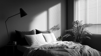 Aufkleber - Monochrome Bedroom Interior with Natural Light, Plant Life, and Modern Lamp Creating a Serene, Minimalist Atmosphere