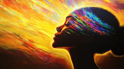 Poster - Portrait of a Radiant Woman: Abstract Painting with Vivid Colors and Contemplative Serenity
