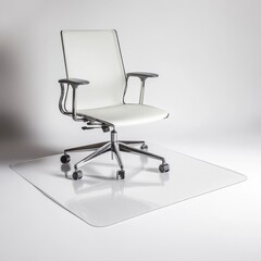 Poster - Rolling office chair rests on clear rectangular chair mat on white floor, creating light reflections