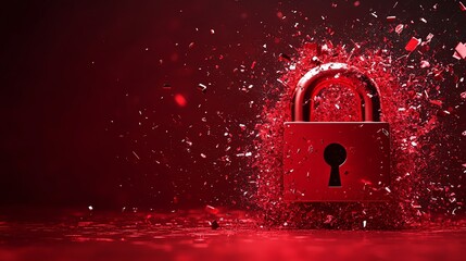 Fototapete - Cyber attack warning mockup, red broken padlock symbolizing security breach, hacker accessing system, cybersecurity alert, realistic digital composition