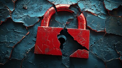 Fototapete - Cybersecurity breach concept, red broken padlock, hacker attack on internet system, security vulnerabilities, hightech digital atmosphere, generative AI rendering