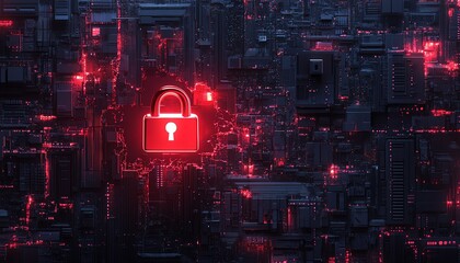 Fototapete - Generative AI illustration of hacker attack, system breached, red broken padlock, alert warning, cybersecurity crisis, detailed futuristic visuals