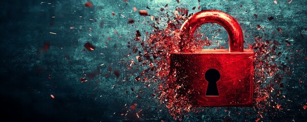 Leinwandbilder - Generative AI image of a hacker attack, red padlock shattered, internet system breach, cybersecurity threat, futuristic and dynamic mockup for social media