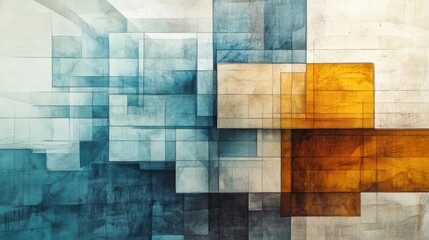 Leinwandbilder - Abstract geometric composition with pastel shades of blue, brown, and white in a grid pattern, creating a textured and layered sur