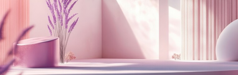 Poster - Elegant curved lavender and coral shapes blending in a room with soft light creates a calm studio scene