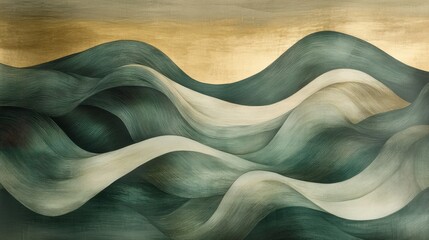 Aufkleber - Wavy Lines in Muted Green and Gold Tones in Modern Abstract Style