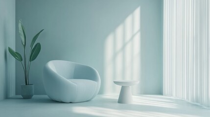 Aufkleber - Serene Interior with Pastel Blue Walls, Round Chair, Plant, and Natural Light Filtering through Sheer Curtains