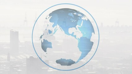 Wall Mural - globe animation rotating over foggy city skyline with atmospheric effects