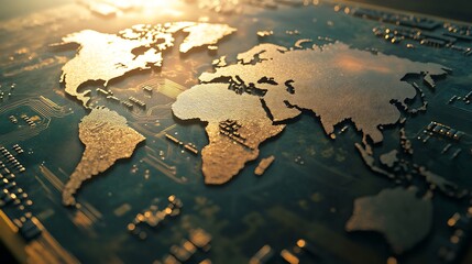 detailed close-up of a metallic world map on a circuit board, symbolizing technology and connectivit