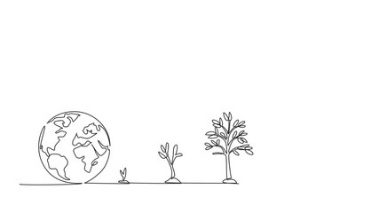 Wall Mural - animation of continuous one line drawing several stages from shoots to becoming large trees. green t