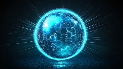 Wall Mural - futuristic glowing sphere digital blue globe with light rays and hexagonal patterns on a dark backgr
