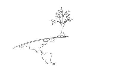 Wall Mural - self drawing animation of single one line drawing big tree on top of semicircle of world map. spirit