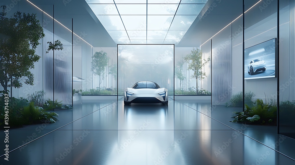 Minimalist car showroom interior with a single autonomous car in the ...