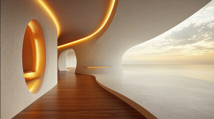Poster - modern minimalist interior featuring smooth, curved walls and warm ambient lighting. serene view of ocean enhances tranquil atmosphere, creating perfect space for relaxation