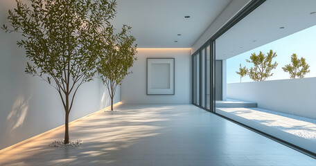 Poster - minimalist interior design featuring spacious room with large windows, natural light, and two decorative trees. clean lines and neutral colors create serene atmosphere, perfect for relaxation